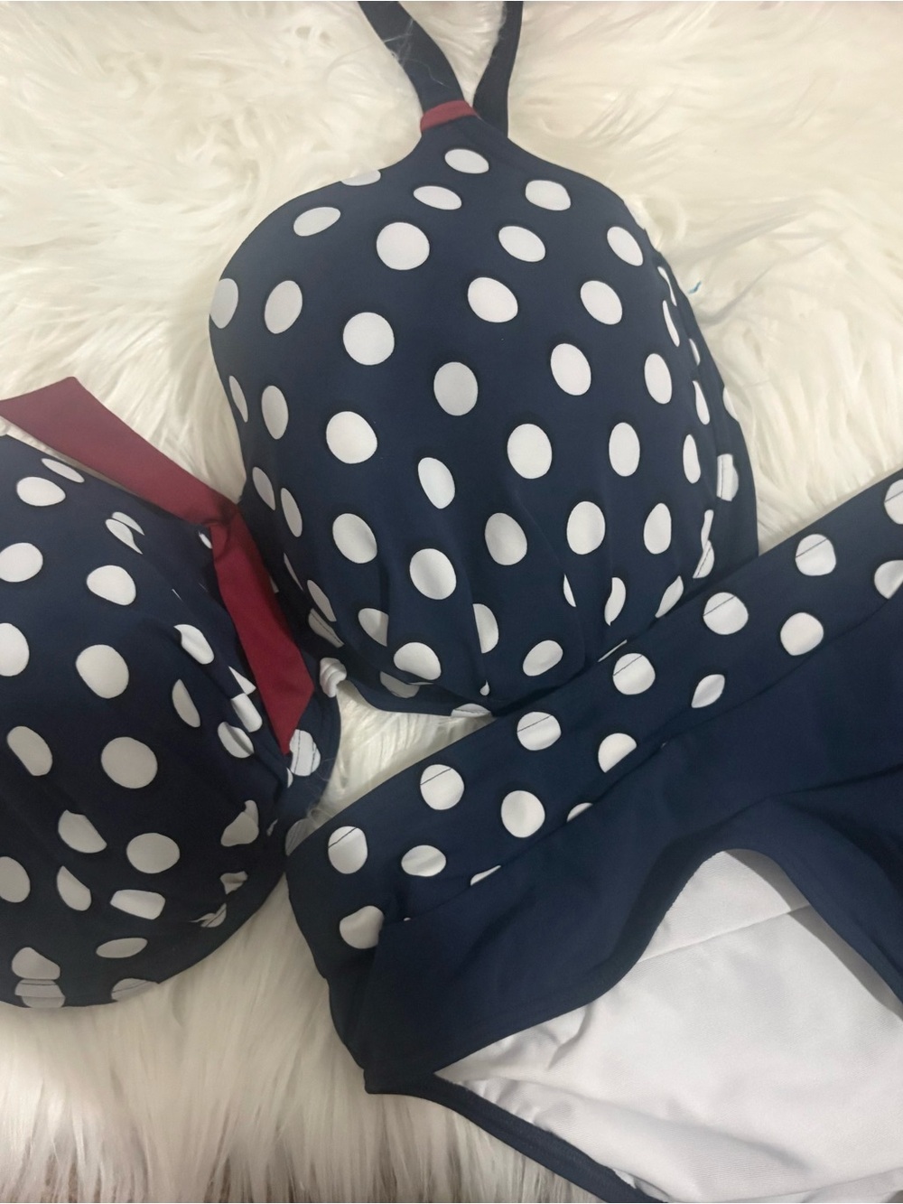 Navy Polka Dot Bikini Set with Burgandy Accent